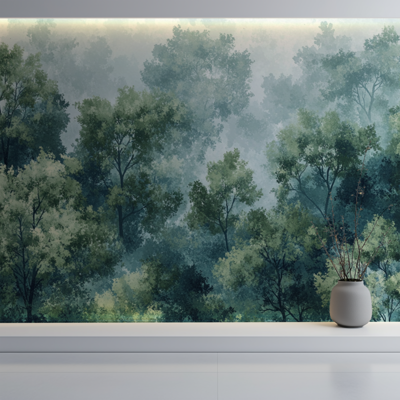 Forest landscape mural in meditation room showing scale and depth
