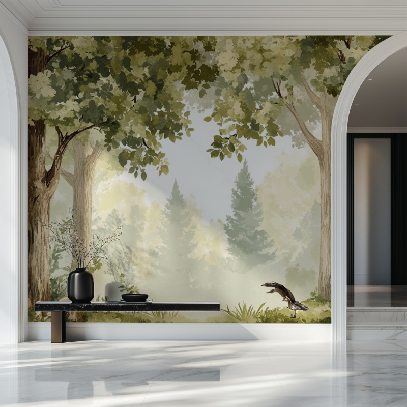 Forest wall mural creating depth in modern living room with natural light