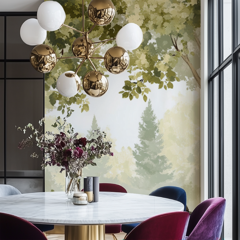 Misty forest wallpaper in cozy bedroom setting with morning light