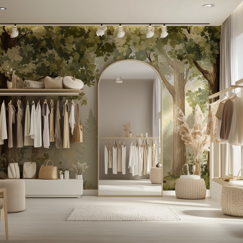 Green forest mural adding natural charm to dining room walls