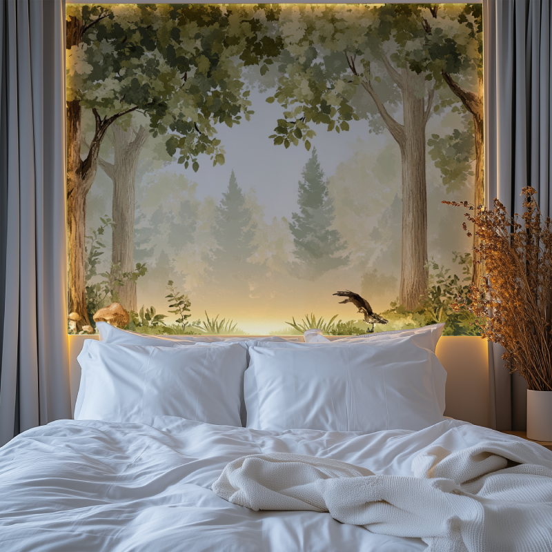 Woodland wallpaper transforming home office with serene forest scene