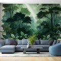 Forest wallpaper mural styled in a modern living room, showing depth and atmospheric green tones