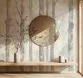 Grey forest wallpaper creating depth in modern living room with minimal furniture