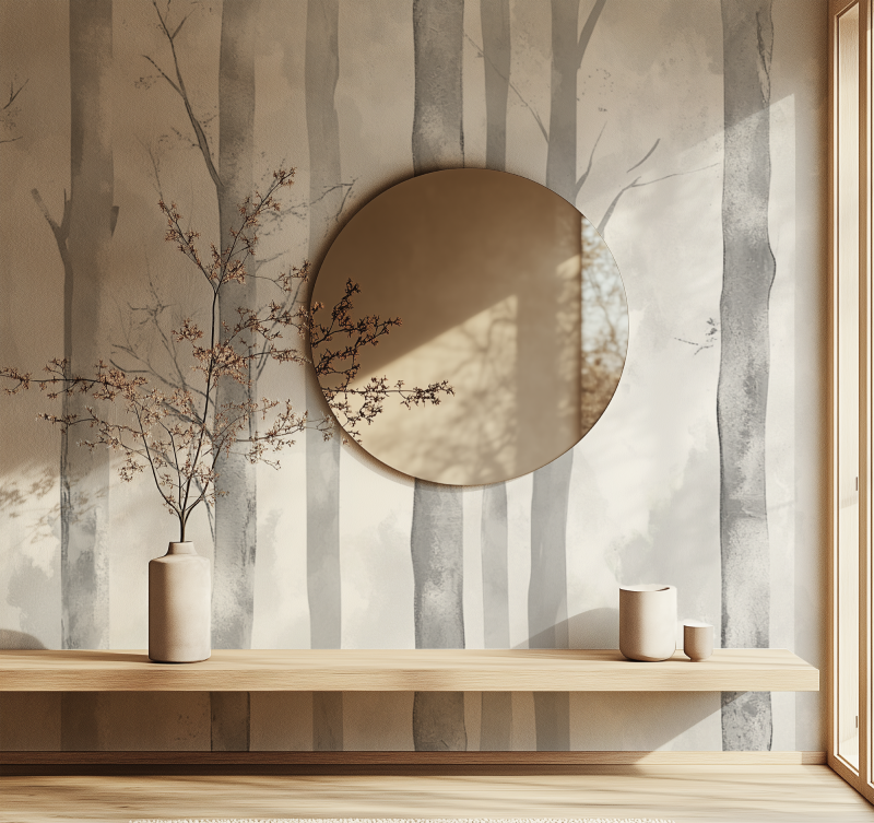 Grey forest wallpaper creating depth in modern living room with minimal furniture