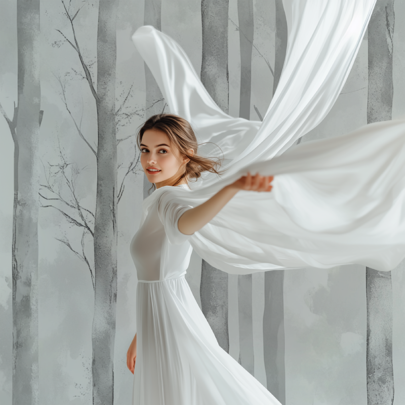 Misty tree mural adding serenity to master bedroom with soft lighting
