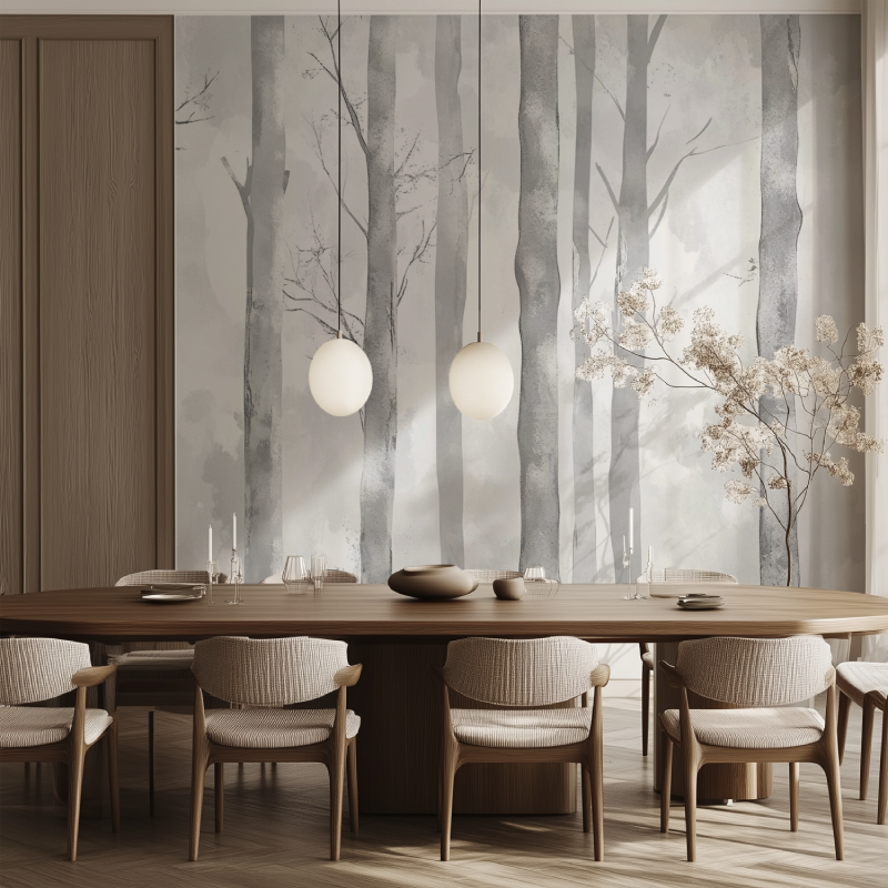 Forest wallpaper bringing nature into contemporary dining space
