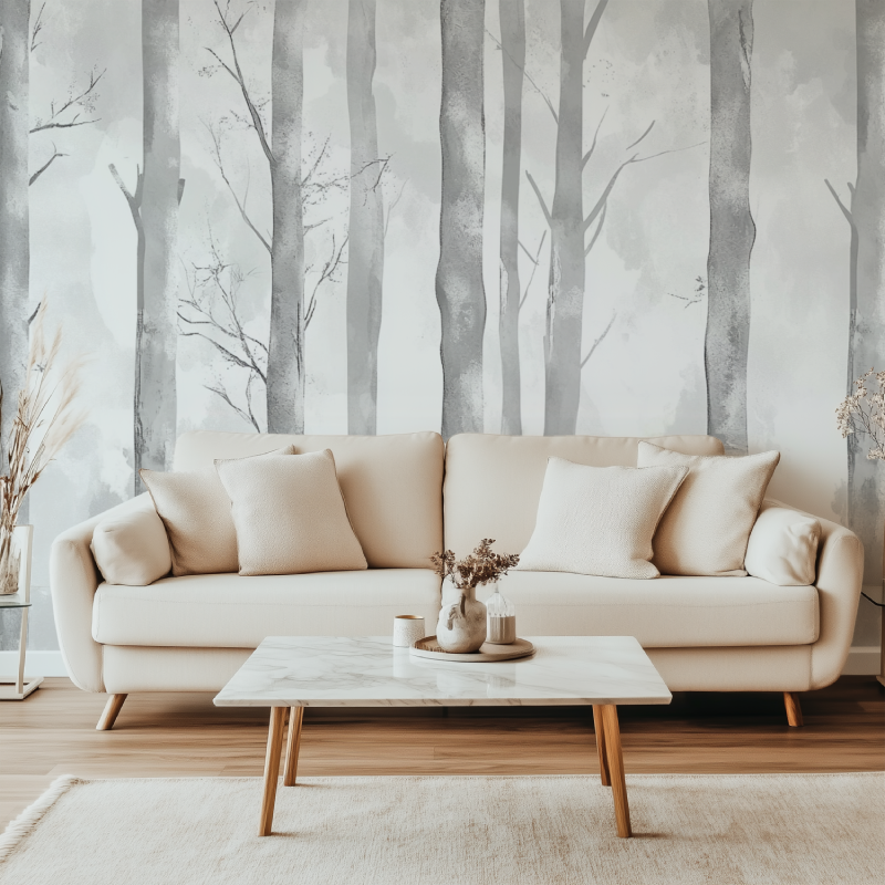 Tree silhouette wallpaper creating focal point in minimalist home office