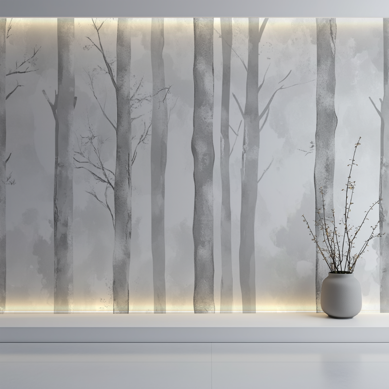 Grey tree mural enhancing meditation room with natural light