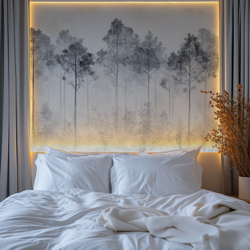 Forest mural wallpaper creating depth in modern living room with grey furniture and natural light