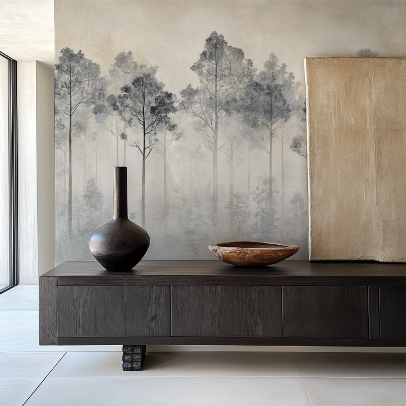 Misty forest wallpaper in minimal bedroom setting with white bedding