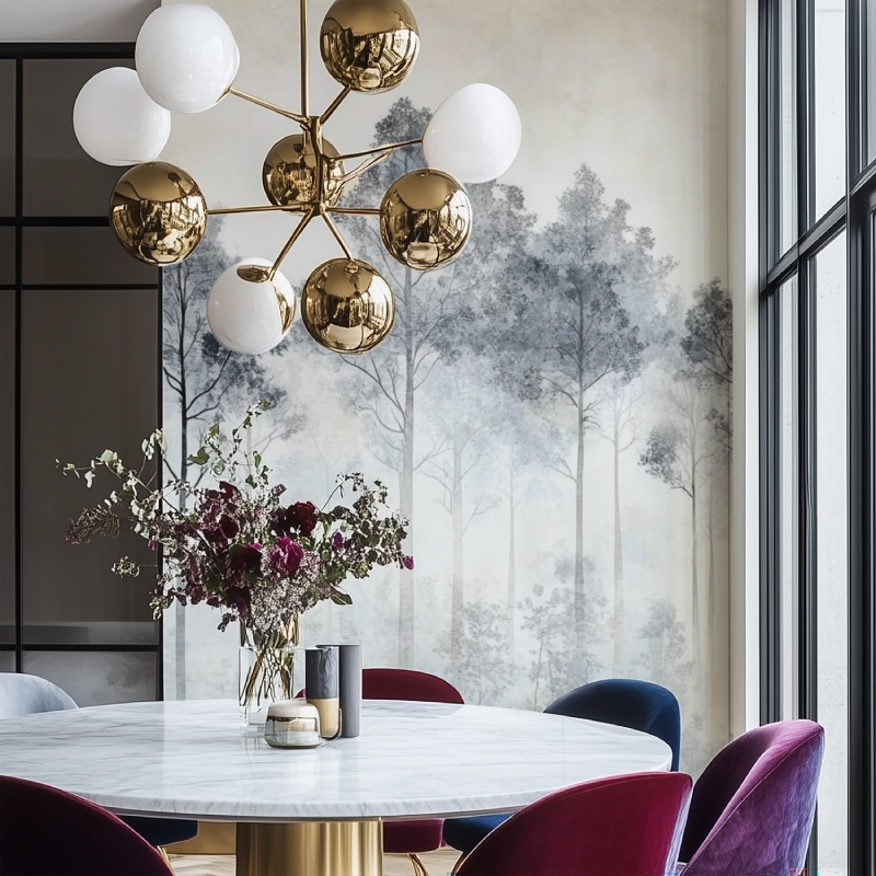Grey tree mural adding character to home office space with desk setup