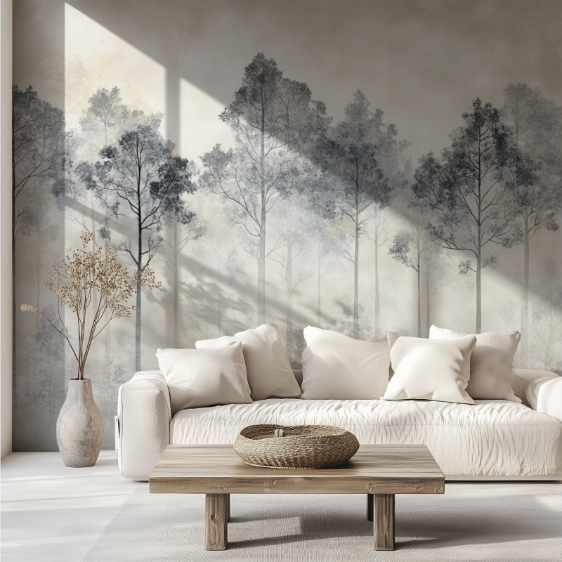 Forest tree wallpaper in dining room showing scale and atmosphere