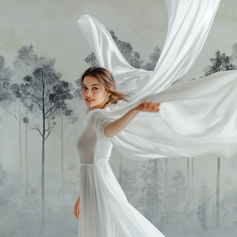 Misty forest mural creating focal point in hallway with natural lighting