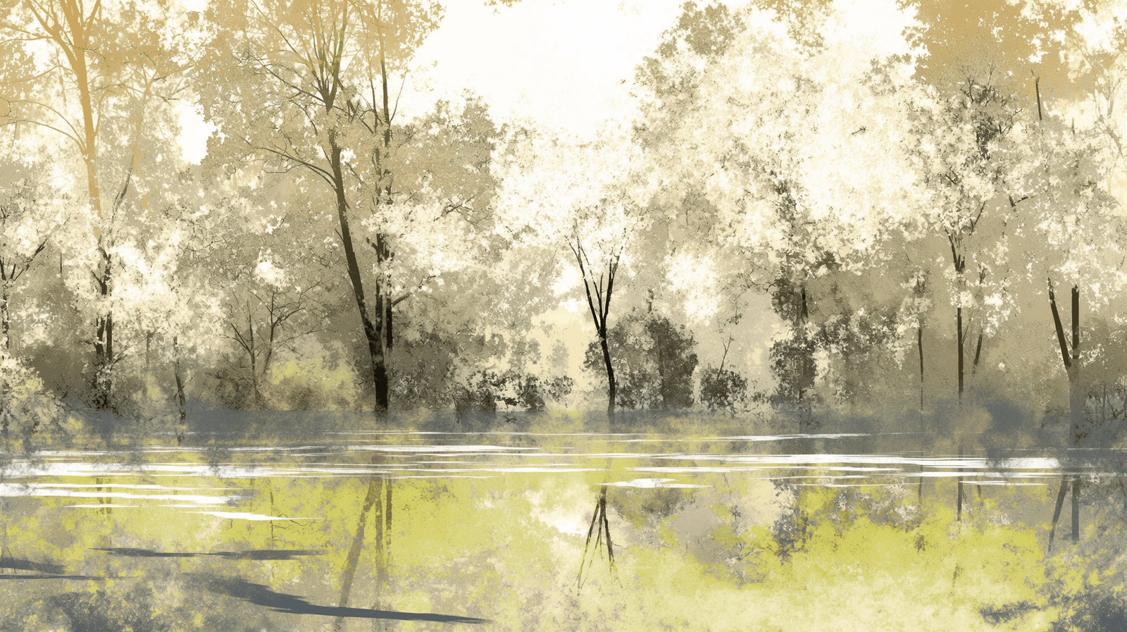 Forest lake wallpaper mural in modern living room, creating depth with golden morning light reflections
