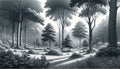 Monochrome forest wallpaper in modern minimalist living room showing misty tree silhouettes