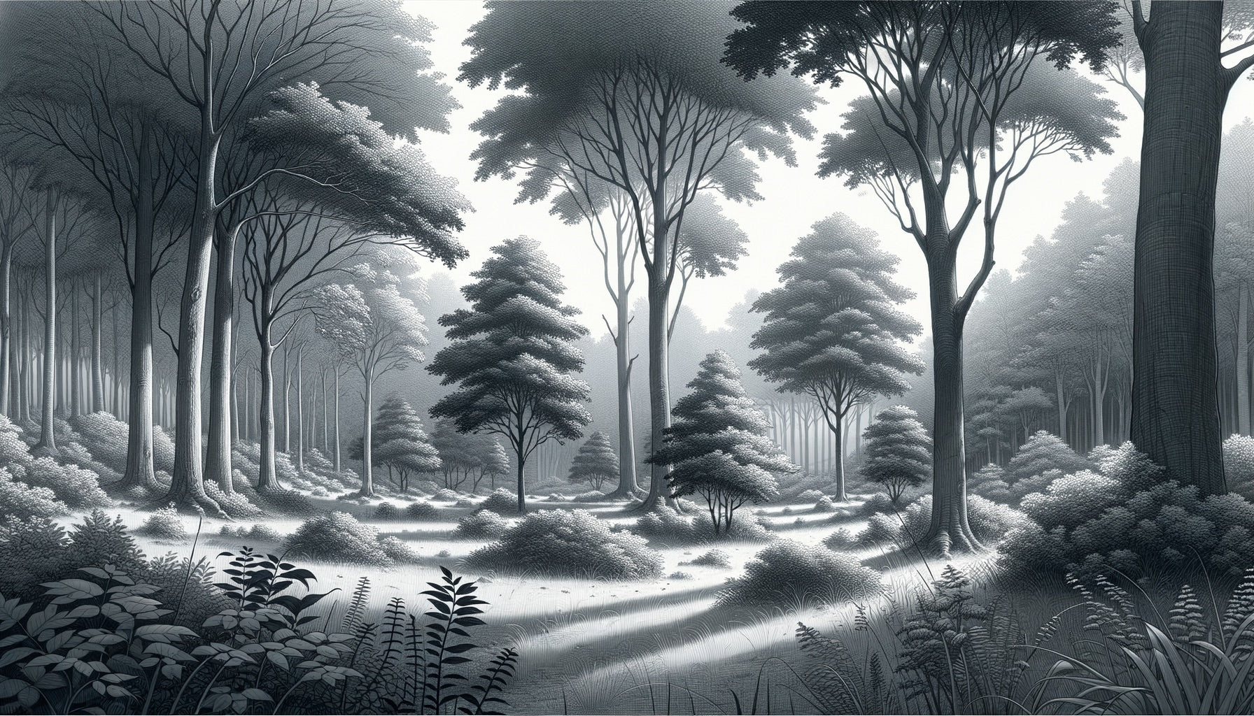 Monochrome forest wallpaper in modern minimalist living room showing misty tree silhouettes