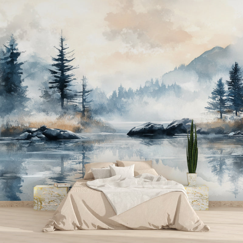Mountain scene wallpaper in dining room showcasing peaceful lake reflection