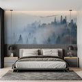 Mountain forest wallpaper in a modern living room creating depth and serenity