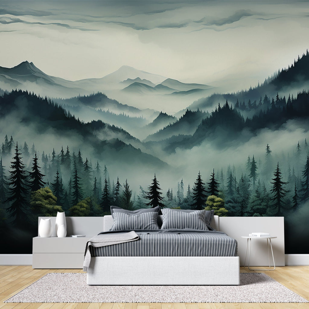 Mountain pine tree wallpaper in cozy bedroom setting