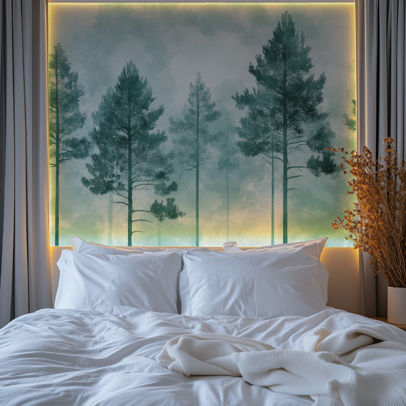 Pine tree wall mural creating depth in minimal living room setting