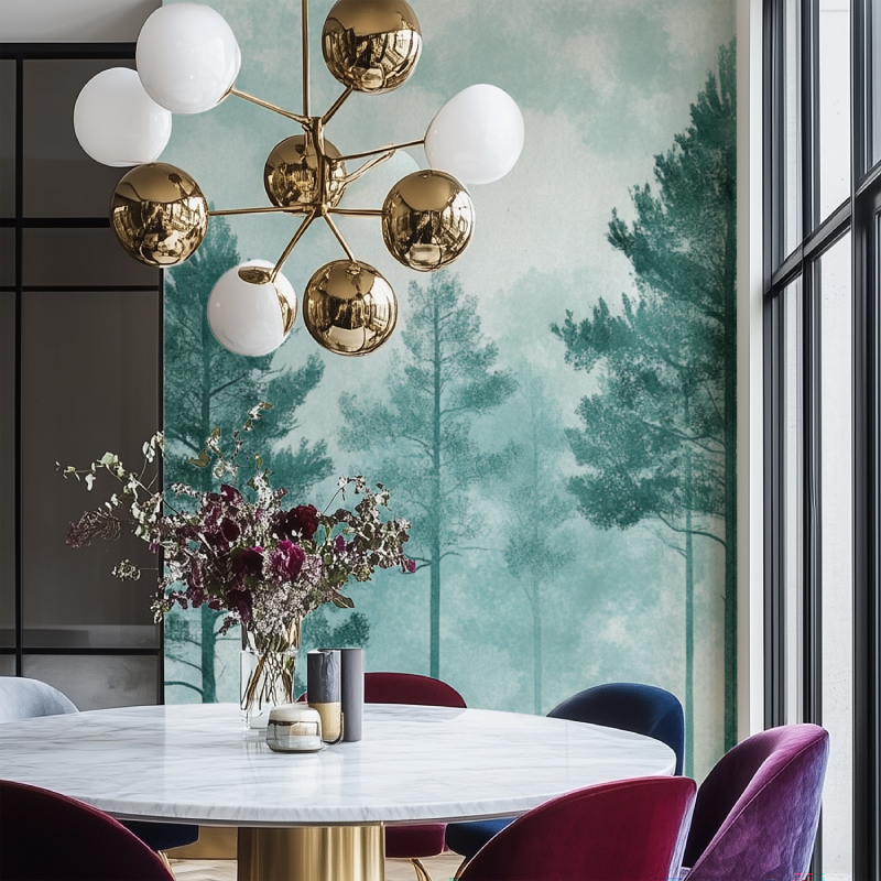 Misty forest wallpaper in modern home office with natural decor