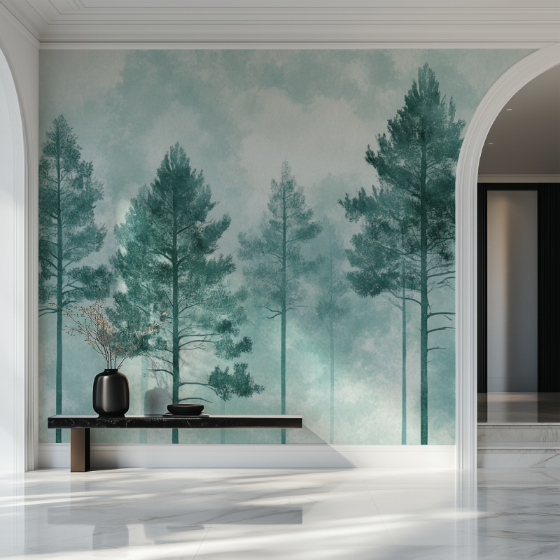 Nature wall mural bringing outdoor feel to dining room space