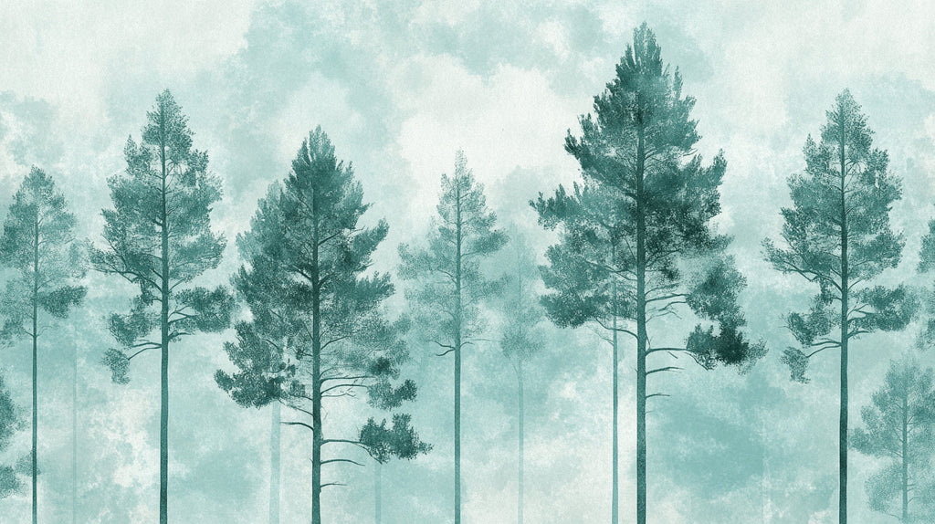 Pine forest wallpaper design file showing misty morning scene with towering trees