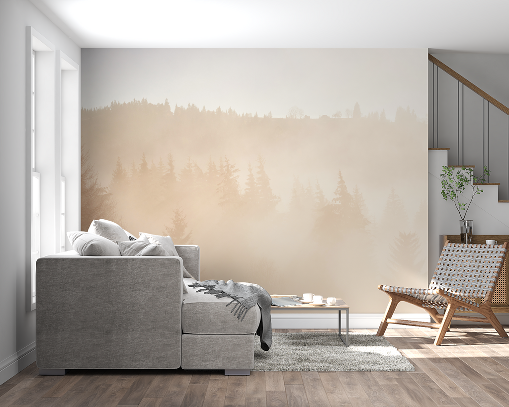 Forest wall mural transforming a minimalist dining room with soft beige tones