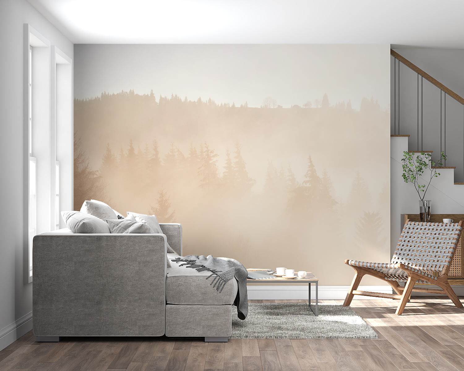 Forest wall mural transforming a minimalist dining room with soft beige tones