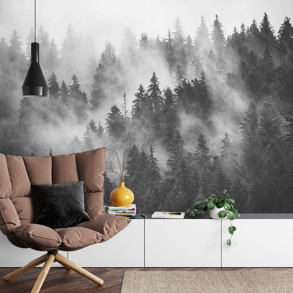 Monochrome pine tree mural adding character to a modern bedroom wall