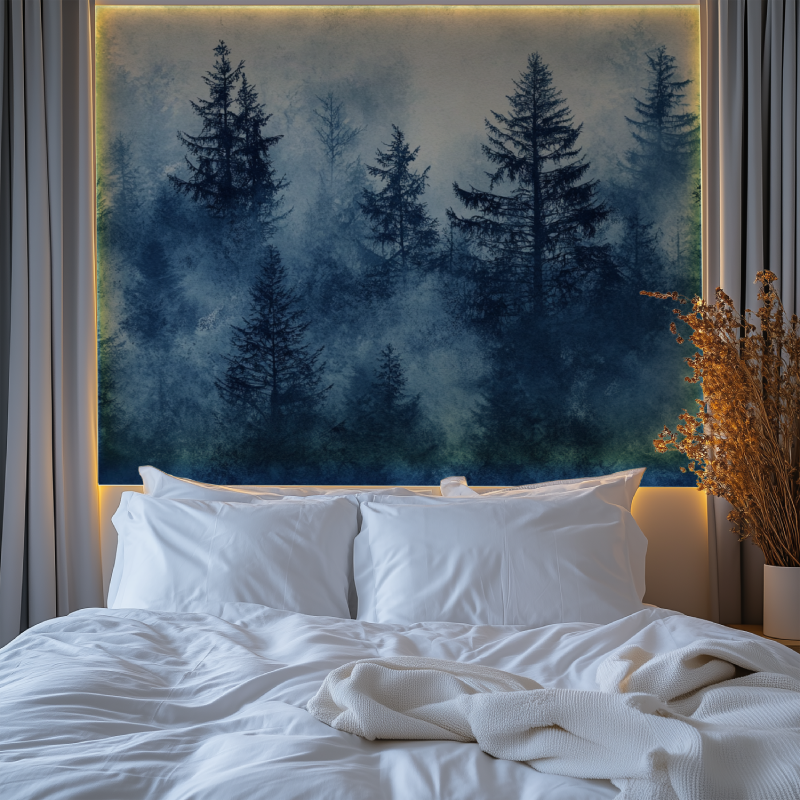 Forest mural wallpaper creating depth in modern living room with blue misty pine trees design