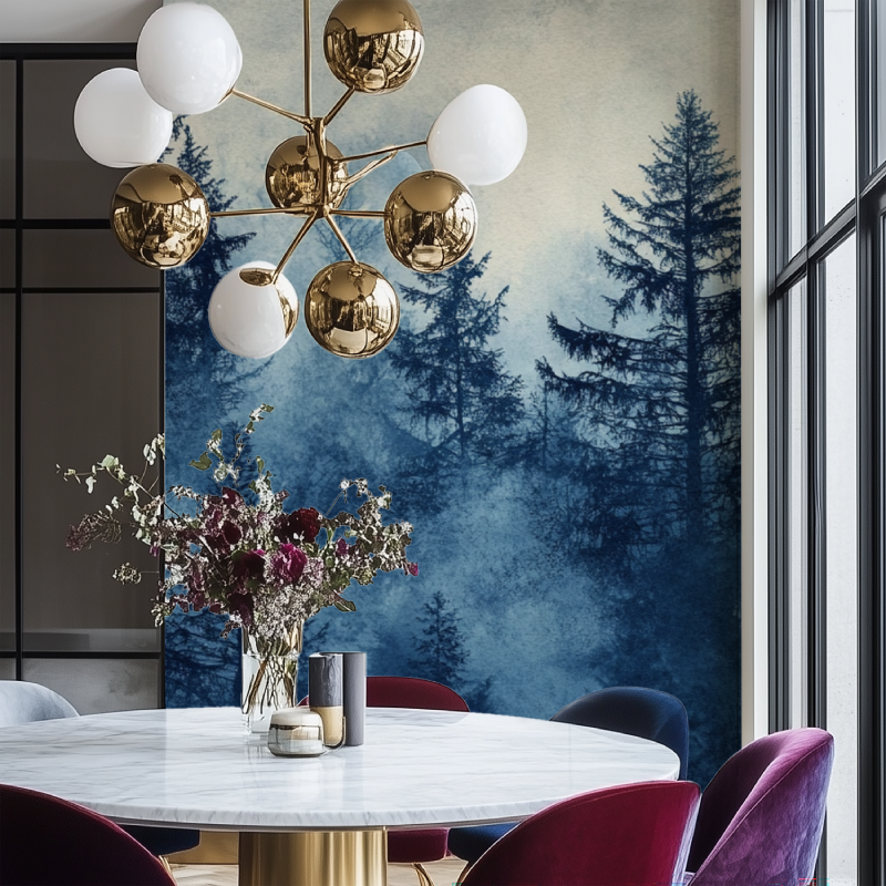 Misty forest wallpaper in cozy bedroom showing pine trees in atmospheric blue haze