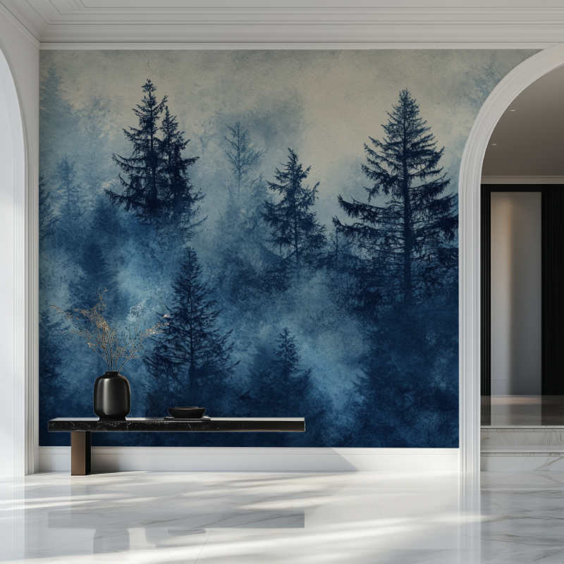Pine tree wall mural adding drama to dining room with moody blue forest scene