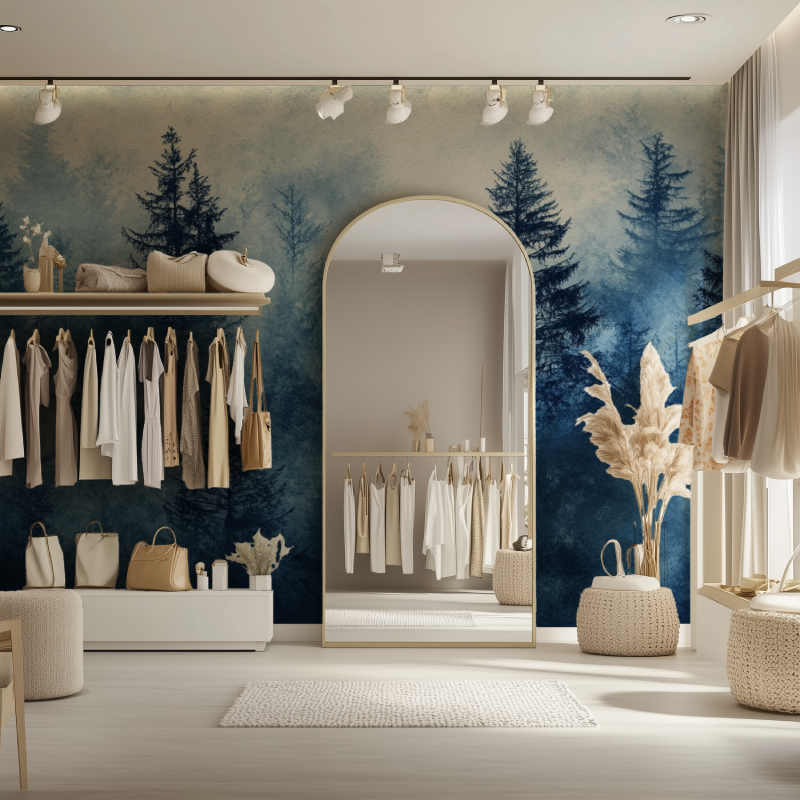 Nature wall mural in meditation room showing misty blue forest scene