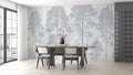 Forest wall mural creating a cozy atmosphere in a modern living room with grey sofa and natural decor