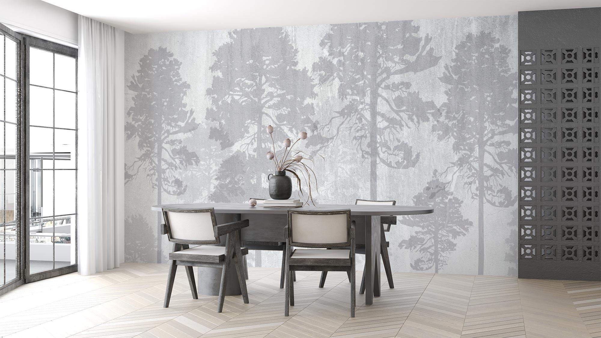 Forest wall mural creating a cozy atmosphere in a modern living room with grey sofa and natural decor