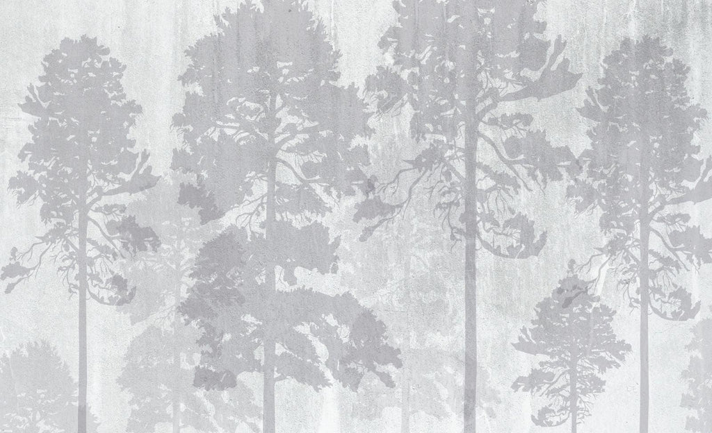 Grey forest wallpaper design file showing misty pine trees pattern and texture detail