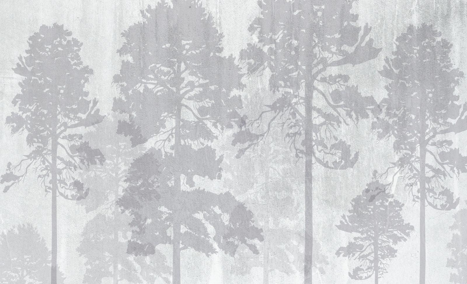 Grey forest wallpaper design file showing misty pine trees pattern and texture detail