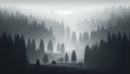 Forest mural wallpaper creating depth in modern living room with morning light filtering through the misty pine trees design