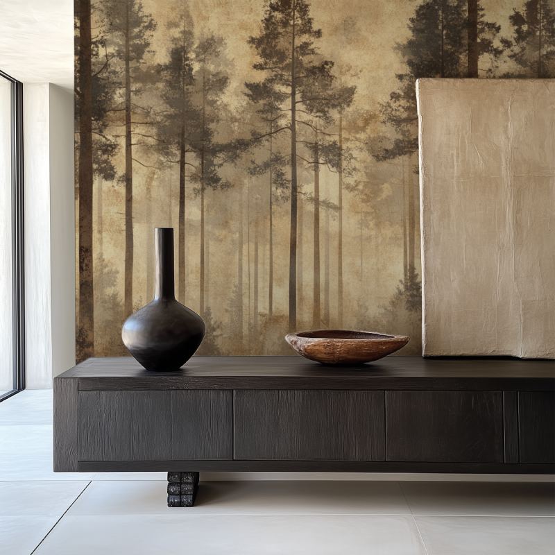 Forest wall mural in modern living room showing misty pine trees in warm sepia tones