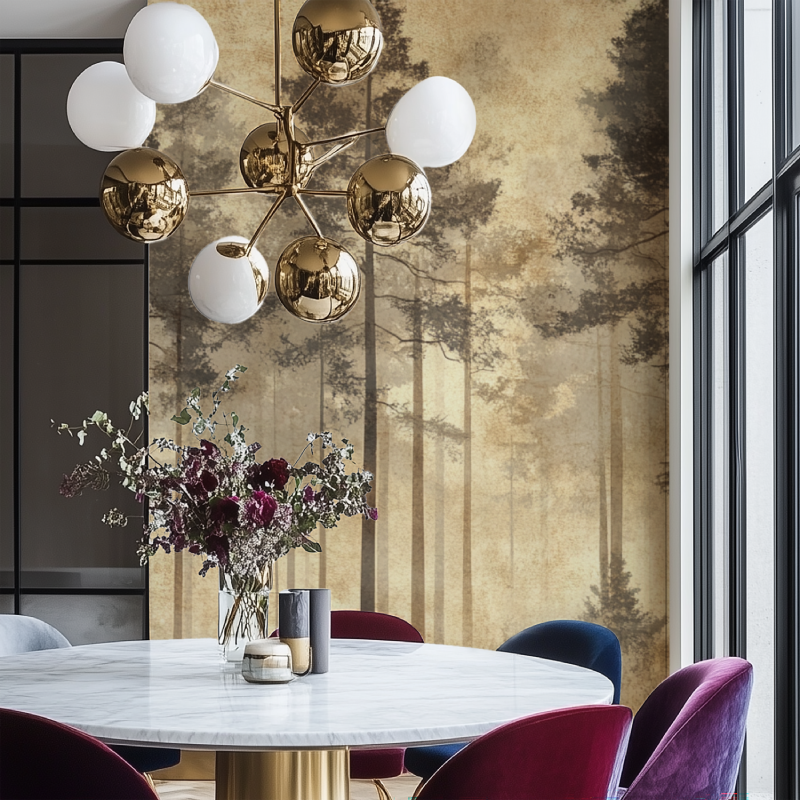 Nature wall mural in dining room showcasing misty forest atmosphere