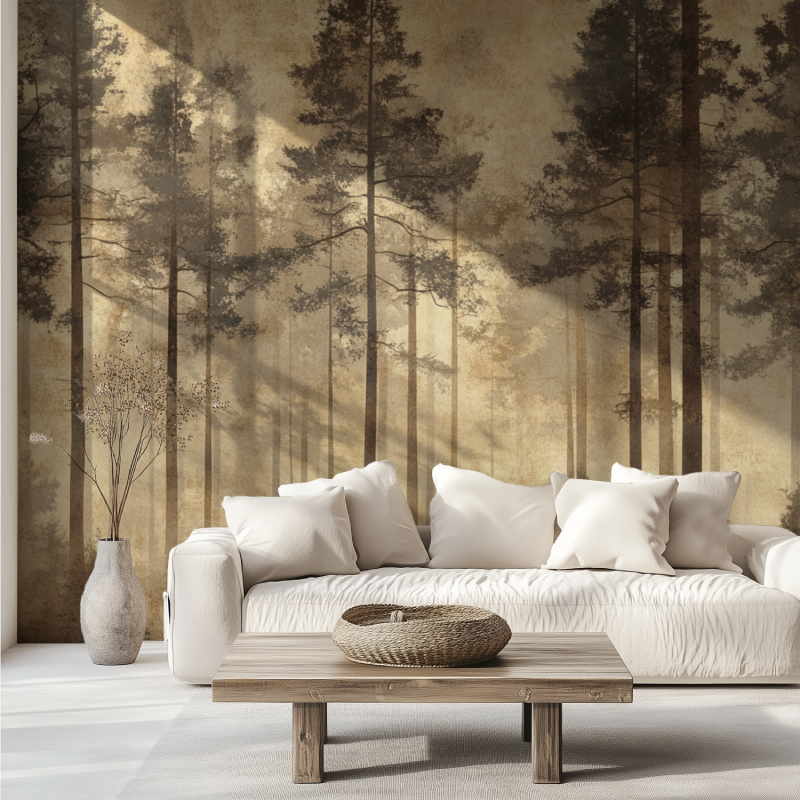 Sepia forest wallpaper adding warmth to home office space