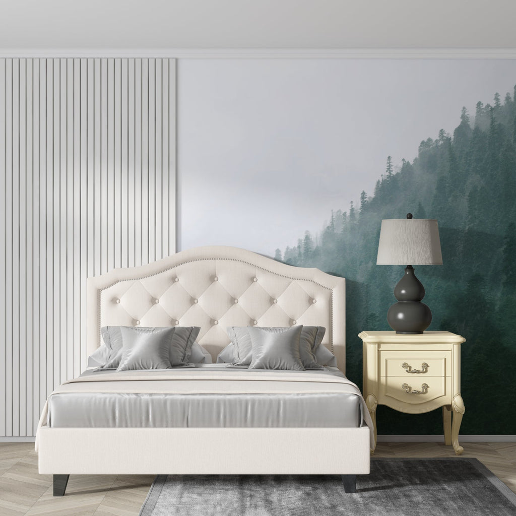 Watercolor forest wallpaper in dining room with contemporary furniture