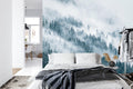 Forest mural wallpaper creating depth in modern living room with grey sofa and natural light