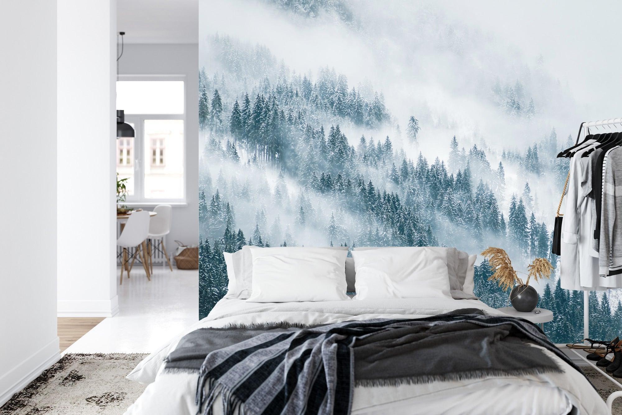Forest mural wallpaper creating depth in modern living room with grey sofa and natural light