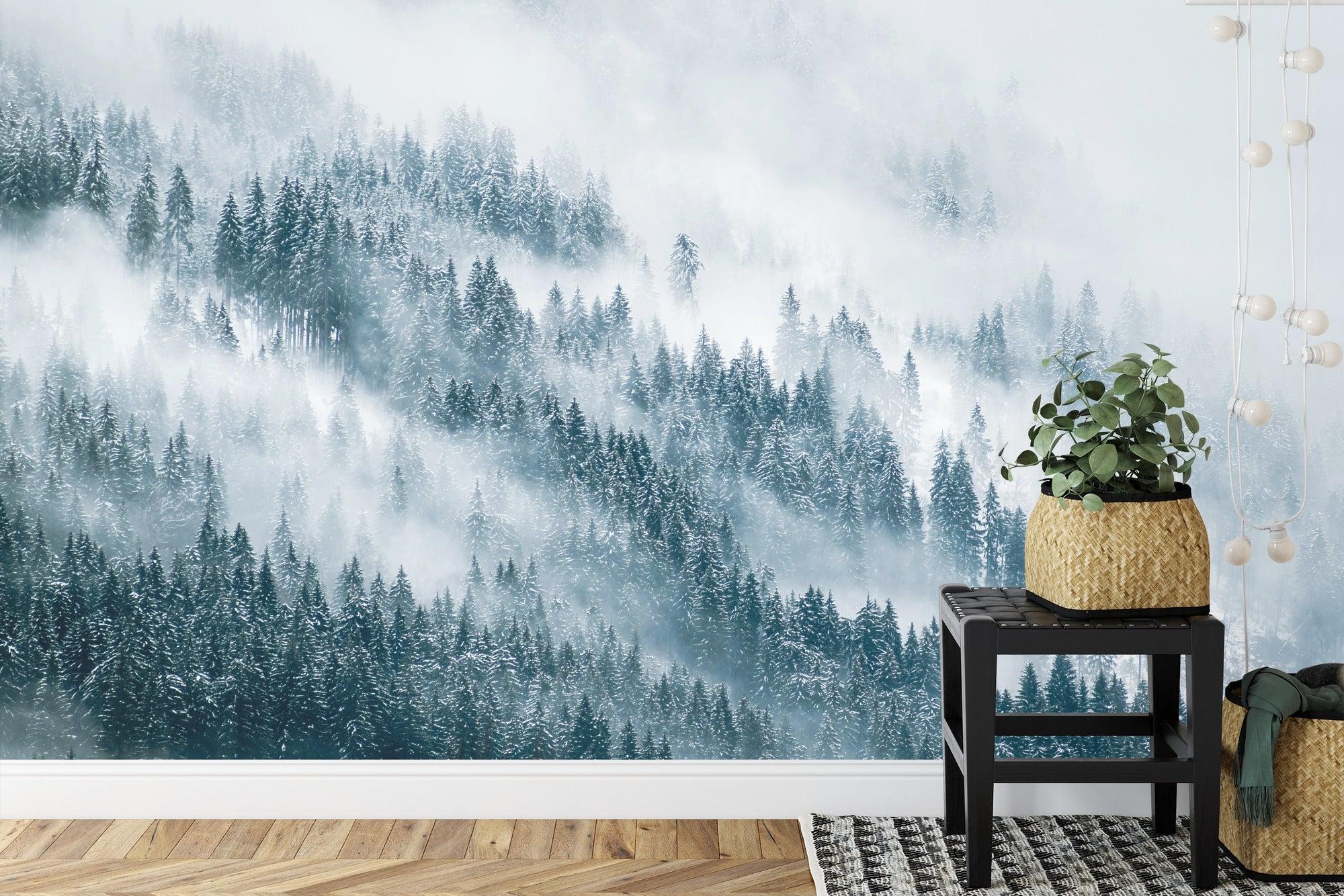 Pine forest wall mural in minimalist dining room with natural decor