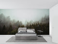 Forest landscape wallpaper creating depth in modern living room with grey sofa and natural light