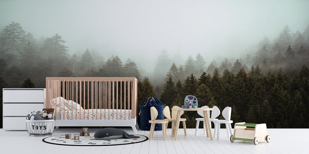 Misty forest wallpaper in dining room with pendant lighting and plants