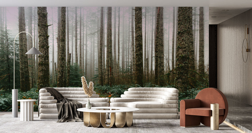 Misty pine forest wallpaper in a cozy bedroom setting