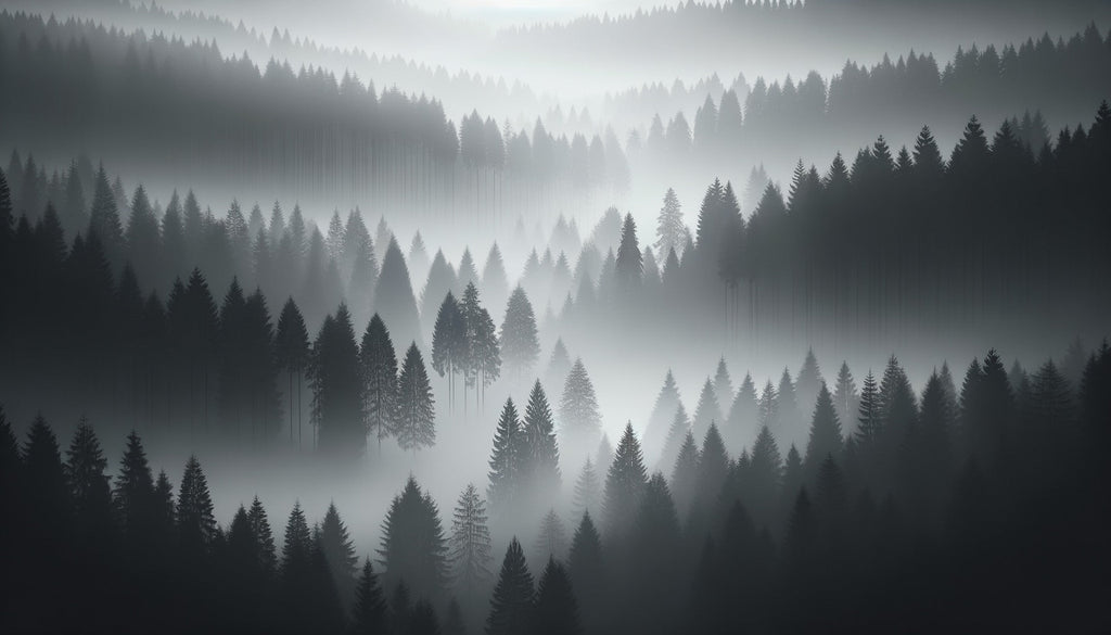 Misty pine trees wallpaper in minimalist bedroom setting with wooden furniture